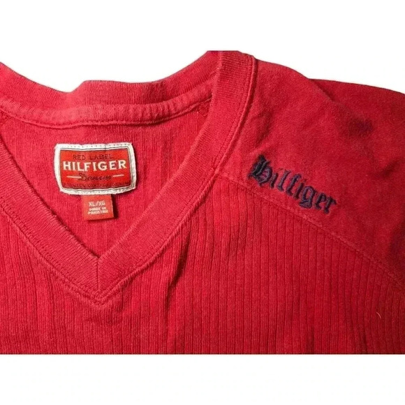 Vintage Tommy Hilfiger Denim Mens XL Red V-neck Shirt Short Sleeve Tee - Picture 4 of 11